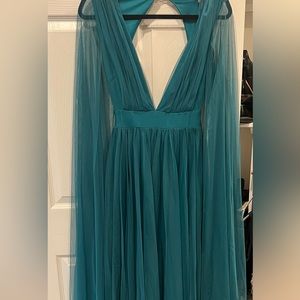 Bombshell Plunge Maxi Gown in Peacock Green with sheer sleeves